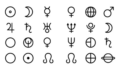 Minimal Planetary Symbols Moon Sun and Astrology Glyph Icon Vector Set © Razu