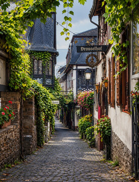 A charming perspective view down a narrow, winding cobblestone alleyway in a historic German old town. The street is lined with traditional half-timbered (Fachwerkhaus) buildings featuring intricate 