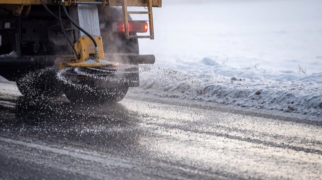 Road Salt Being Spread On Icy Winter Street For Deicing, Traction And Safer Traffic Conditions