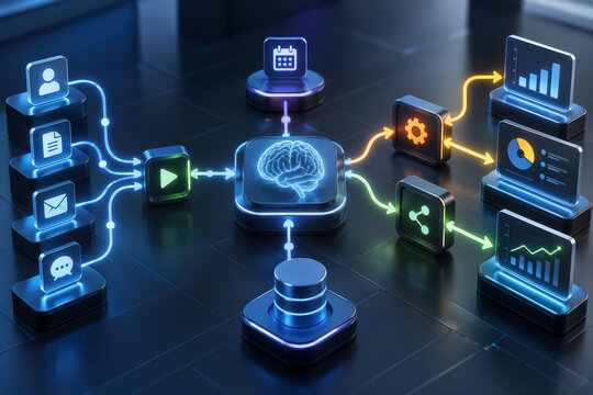 3D AI workflow automation diagram showing agentic interface nodes, triggers and connected data dashboards visualizing intelligent process orchestration for enterprise automation and analytics