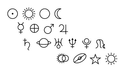 Modern Planetary Astrology Symbols with Sun Moon and Celestial Glyph Icons © Razu