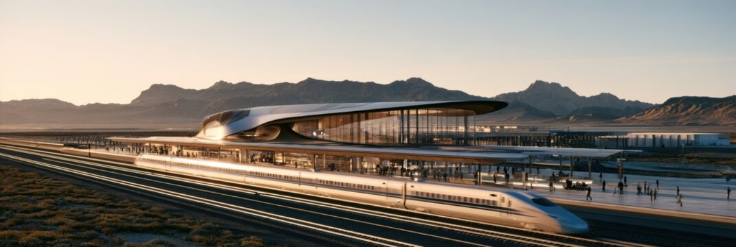 Design shows a transport hub featuring a vertiport and high-speed rail station in a desert landscape with mountains in the background.