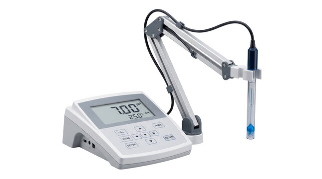 Digital laboratory pH meter with electrode arm isolated on transparent background for scientific research