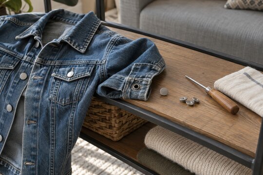 Denim jacket cuff beside spare metal buttons and sewing tools