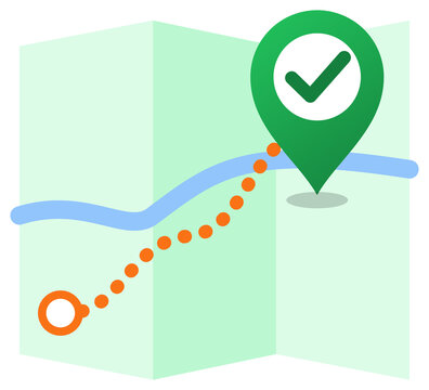 Map route reaching destination pin with check mark icon