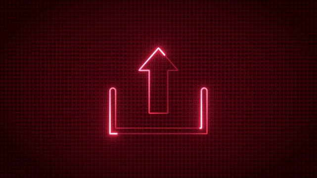 Neon Upload Icon Glowing on Dark Grid Background