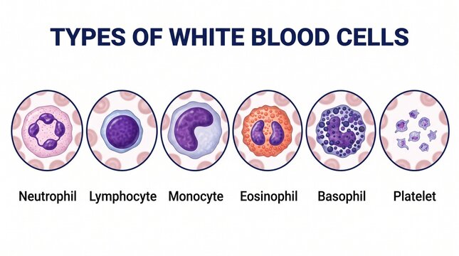 Educational diagram showing types of white blood cells including