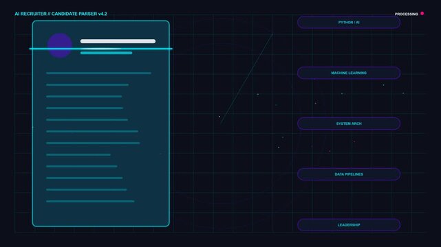 Digital recruitment interface displaying candidate parser scanning profile data for machine learning and leadership skills a sleek graphical user for a software profiles for specific professional