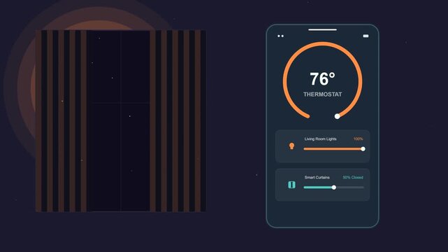 Smart home mobile app interface controlling thermostat temperature and interior living space devices a clean application user displaying device controls for climate regulation and lighting settings