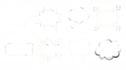 Fototapeta premium Collection of comic speech bubble shapes and explosions during bright studio lighting isolated on transparent background
