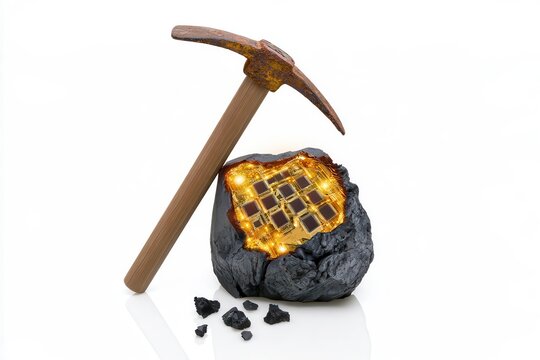 Pickaxe and Coal Rock with Glowing Microchip Interior