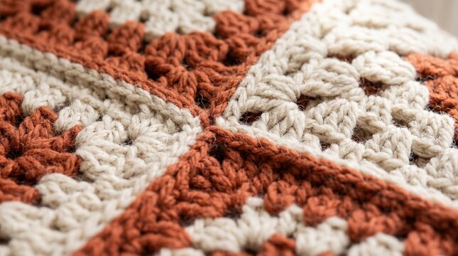 Close-up macro shot of a handmade crochet blanket with a brown and beige granny square pattern texture