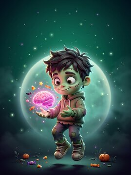 Cute zombie character floating in front of a full moon holding a glowing pink brain with green skin 3D render cute monster little monster floating