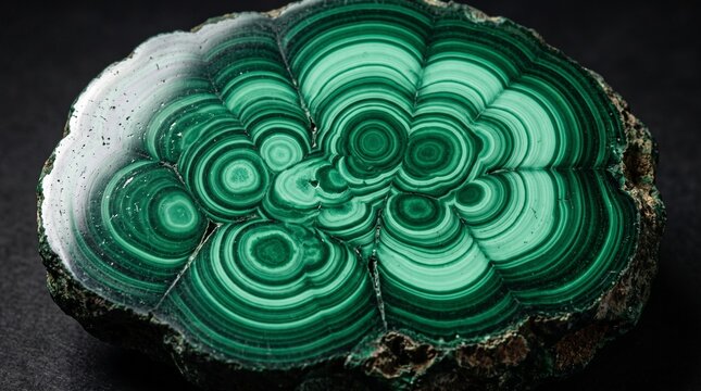 Detailed close-up of a polished green malachite stone showing complex swirling mineral bands