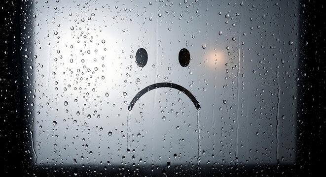 Sad face drawn on a rainy window glass