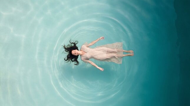 Woman floating weightless on still water, a concept of calm after emotional exhaustion