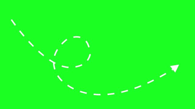 Animated white dotted arrow looping and moving along a curved path on green screen chroma key dotted line