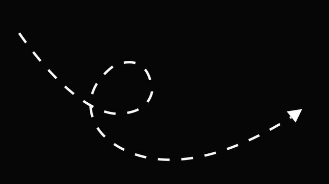 Animated dashed arrow loop path motion on black background, for presentations and, infographics dashed line