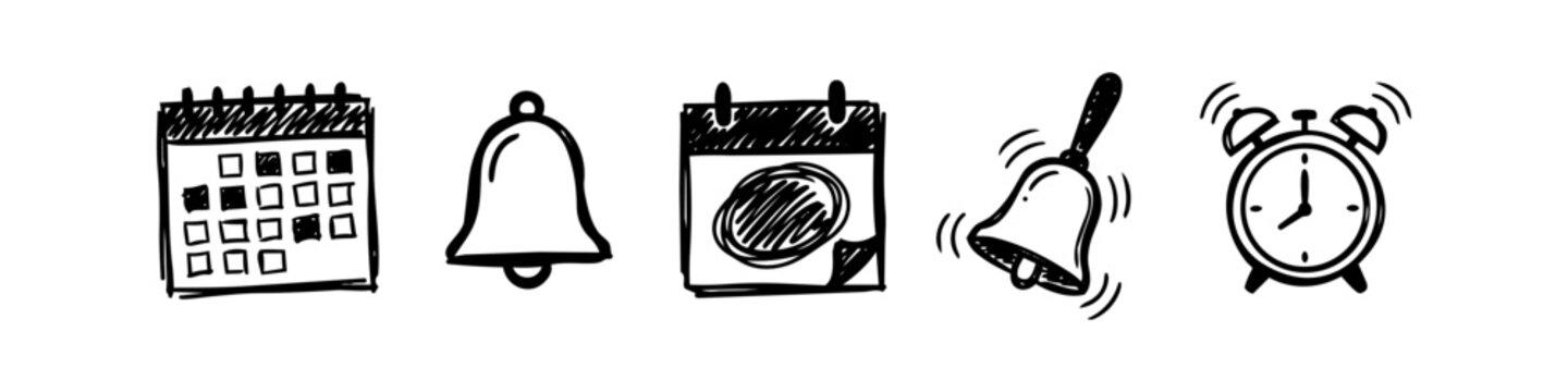 Hand drawn doodle icons for calendar, reminder notification bell, and alarm clock. Vector sketch symbols for planning, time management, deadlines, and scheduling.