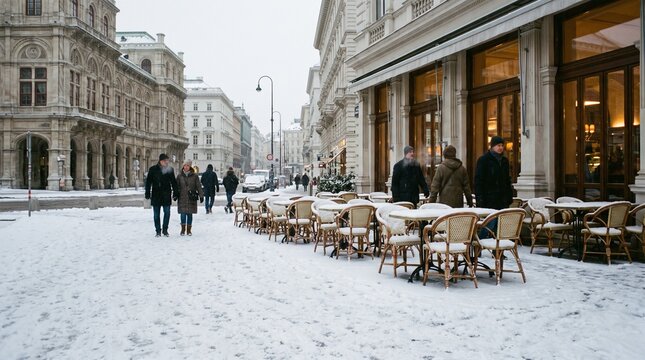 Couple walks past snow covered cafe tables in a European city street