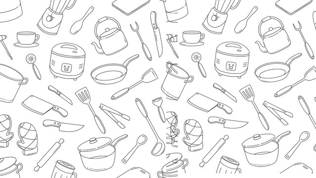 Kitchen utensils and appliances pattern on transparent background