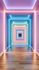 Fototapeta premium Infinite glowing corridor with neon pink and blue lights, wooden floor, abstract geometric perspective
