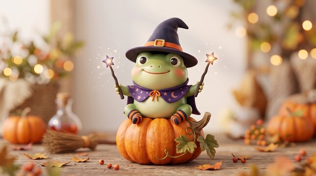 Cute frog character wearing a witch hat and cape sitting on a pumpkin holding magic wands with glowing lights in a festive setting
