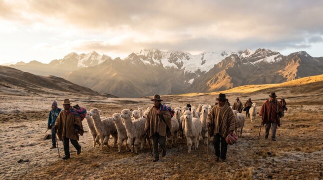 Andean Herders Guide Alpacas Through Majestic Mountain Landscape at Sunrise