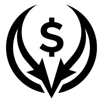 Dollar sign currency symbol inside a circular arrow emblem indicating downward financial movement with business