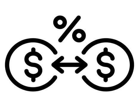 Financial percentage icon showing money exchange between two dollar sign coins with currency transfer