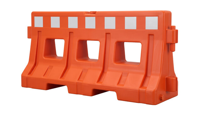 Portable plastic traffic barrier with reflective white stripes used for road construction safety and temporary work zone area control.