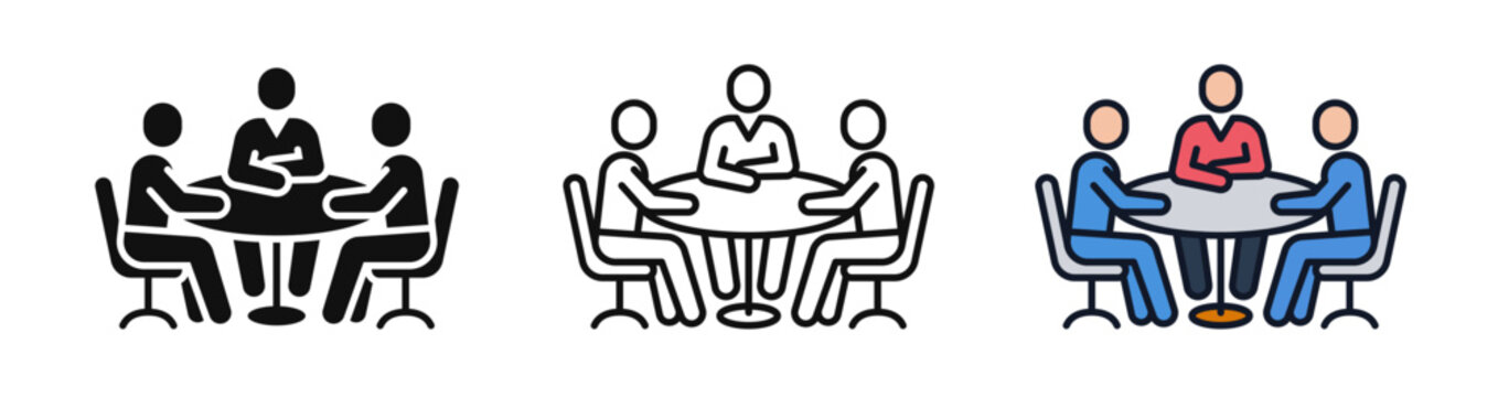 Business team round table meeting discussion icon set