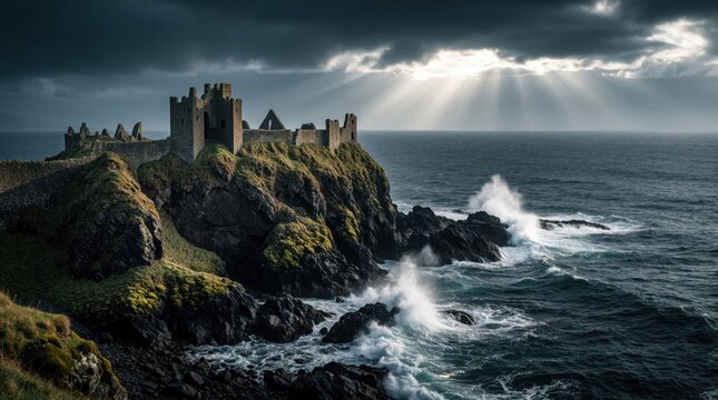 Ancient stone castle ruins sit on rocky cliff edge overlooking wild ocean. Dramatic dark clouds, sun rays shine over sea waves crashing against rocks. Historic medieval fortress stands on steep coast