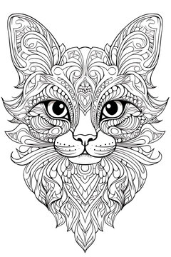 Elegant intricate line art cat face with detailed fur and swirl