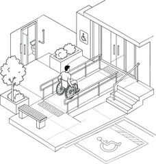Fototapeta premium Isometric illustration depicts accessible building entrance with wheelchair ramp and signage