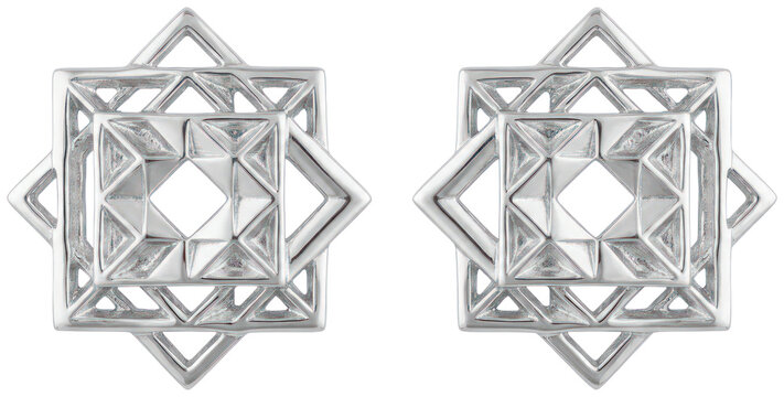 Silver geometric 3D star-shaped stud earrings.