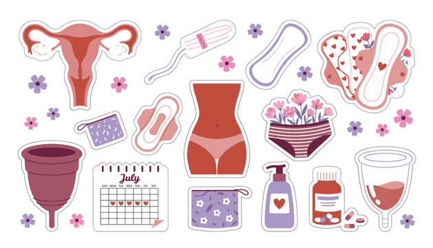 Female period care vector sticker set with uterus calendar menstrual cups tampons sanitary pads underwear and hygiene products isolated on white background