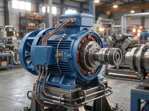 Industrial electric motor on a testing rig in a modern manufacturing workshop