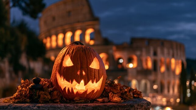 Decorated pumpkin next to a lamp with a backdrop of Rome at night. Halloween concept.