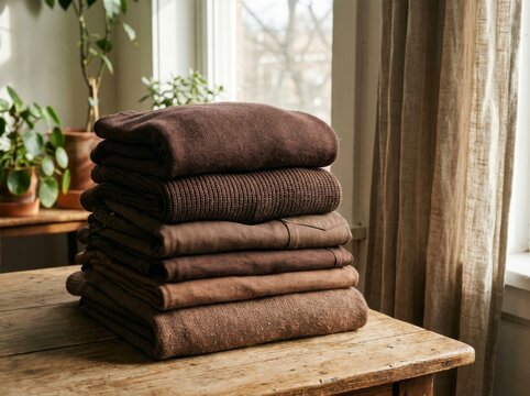 Stack of folded brown knitwear and clothes on a rustic wooden table near a window in a cozy room