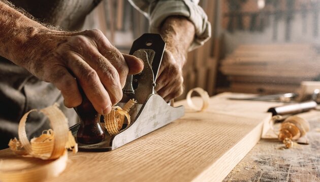Close-Up of Rugged Carpenter Hands Using Traditional Metal Hand Plane on Raw Oak Wood
