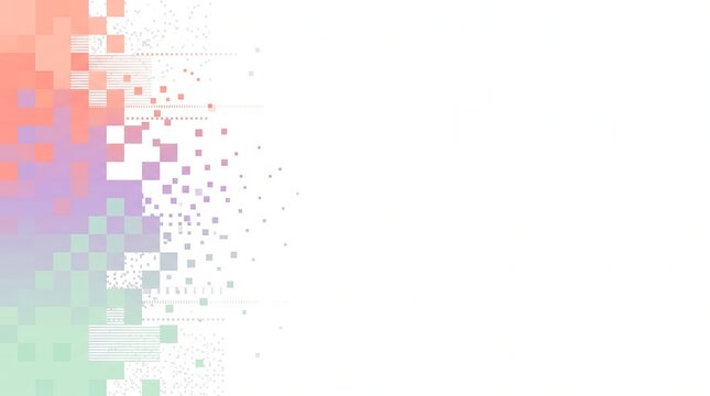 Abstract background, with colorful pixelated, squares in orange, purple, and green, dissolving into particles, on a white, background, digital