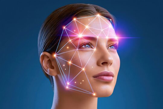 Woman with glowing facial recognition mesh overlay, neon blue and pink lines connecting points on her face against dark blue background