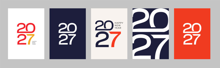 Happy New Year 2027 Numeral Logo Collection with Stacked 20 and 27 Typography in Red, White and Navy for Card, Cover, Poster, Flyer and Banner Vector Illustration © Pixaeye