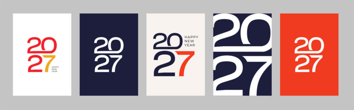 Happy New Year 2027 Numeral Logo Collection with Stacked 20 and 27 Typography in Red, White and Navy for Card, Cover, Poster, Flyer and Banner Vector Illustration