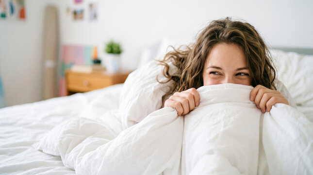 Cheerful young woman rests comfortably in her bed under white bedding while smiling playfully and peering out from behind a cozy blanket in her bedroom at home