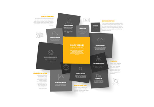 Modern Multipurpose Infographic Layout with Dark Gray and Yellow Paper Squares