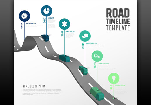Business Road Map Timeline Infographic with Isometric Trucks
