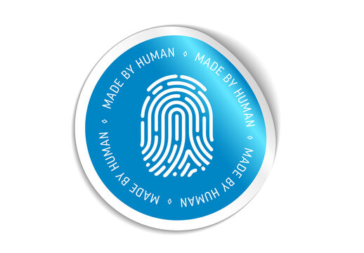 Made by Human Sticker Icon with Fingerprint Symbol for Content Verification