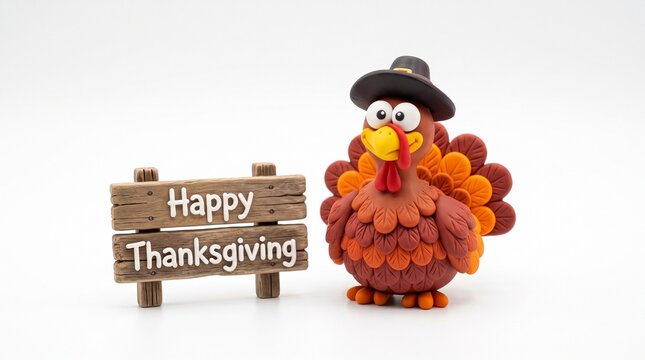 Cute polymer clay Thanksgiving turkey figurine wearing a pilgrim hat standing next to a rustic wooden sign on a clean isolated white background studio shot